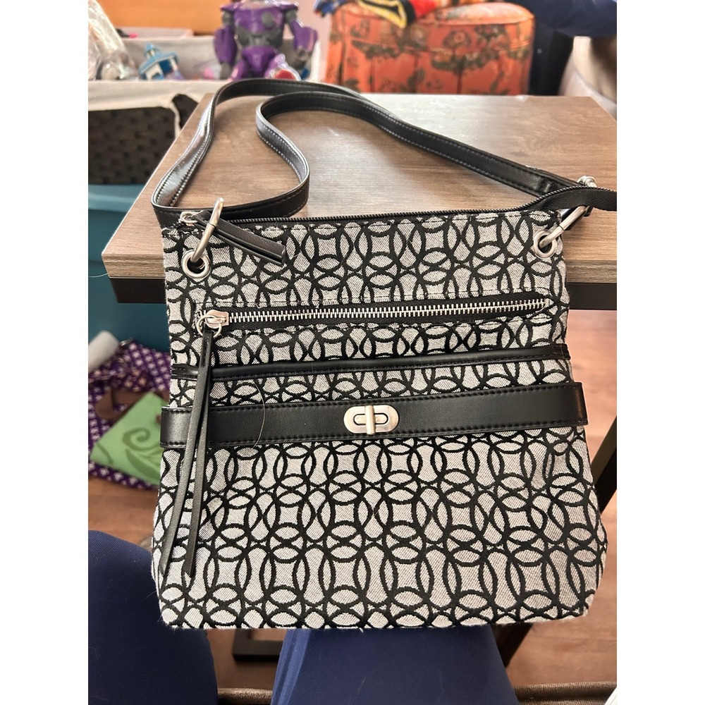 Time & Tru Women Black Grey Geometric Print Crossbody Bag with Front Zip Pockets